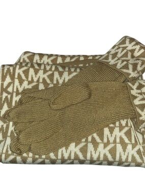 Michael Kors MK Logo Knit Scarf with Matching Gloves - Camel & Cream